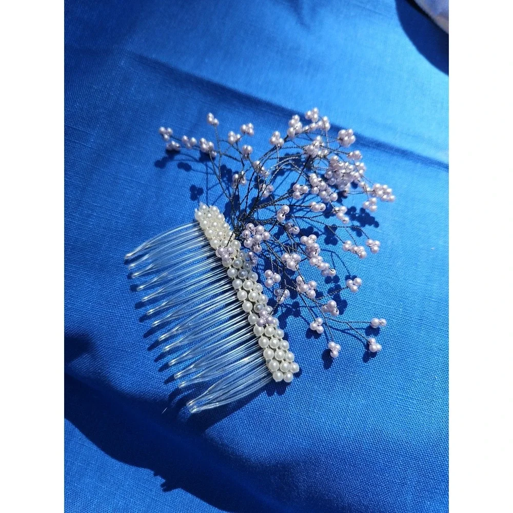 Vintage Pearl Spray Hair Comb Bridal‎ Baby's Breath Headpiece Wedding Lavender
